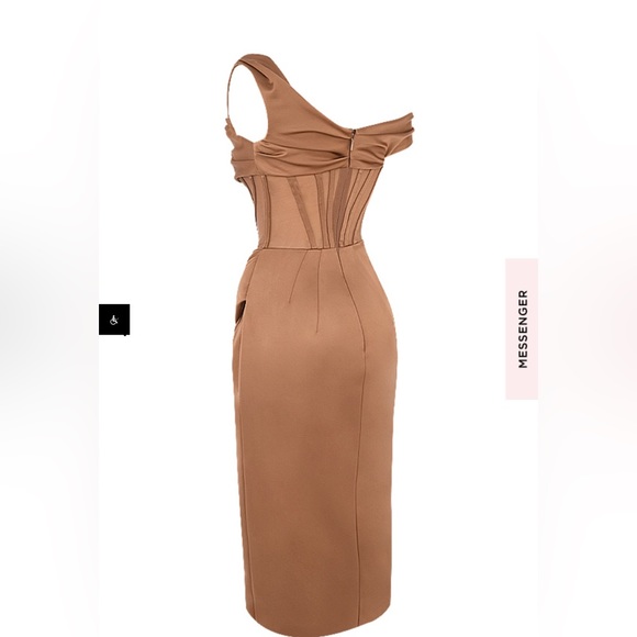 LULU ASYMMETRICAL DRAPE MIDI CORSET DRESS *TOFFEE - Picture 4 of 8